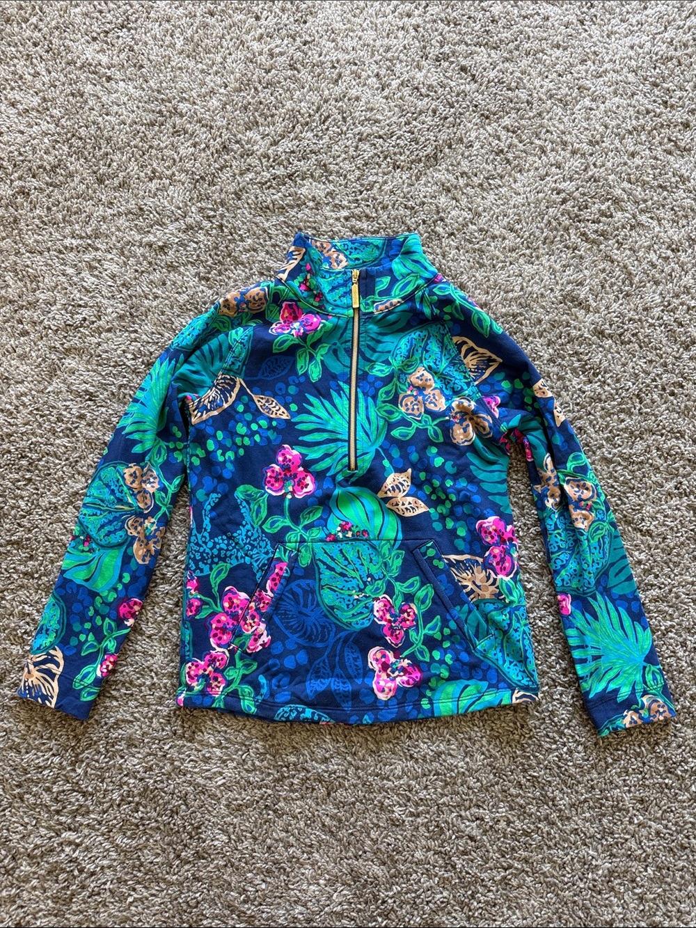 Lilly Pulitzer Girls Long-Sleeve Floral Quarter-Zip Jacket- Blue, Green & Pink